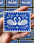 Blue Swan Sticker Folk Art Block Print Style Vinyl Decal 2.8