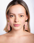 Beaded Handwoven Poppy Flower Fringe Earrings (Cream/Pink)