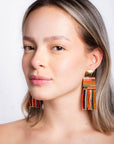 Beaded Handwoven Striped Knit Fringe Earrings (Ocean Sunset)
