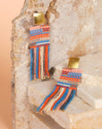 Beaded Handwoven Striped Knit Fringe Earrings (Ocean Sunset)
