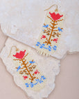 Beaded Handwoven Vintage Flower Fringe Earrings (Cream/Red)