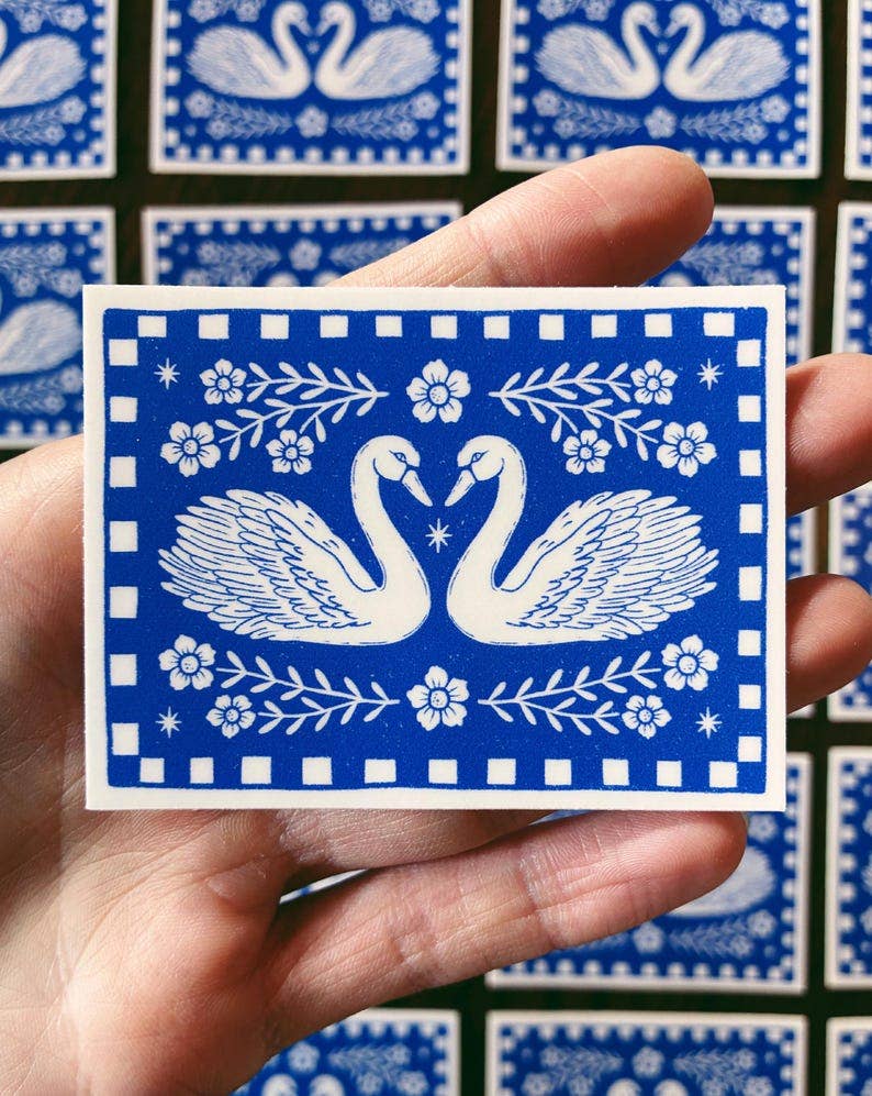 Blue Swan Sticker Folk Art Block Print Style Vinyl Decal 2.8