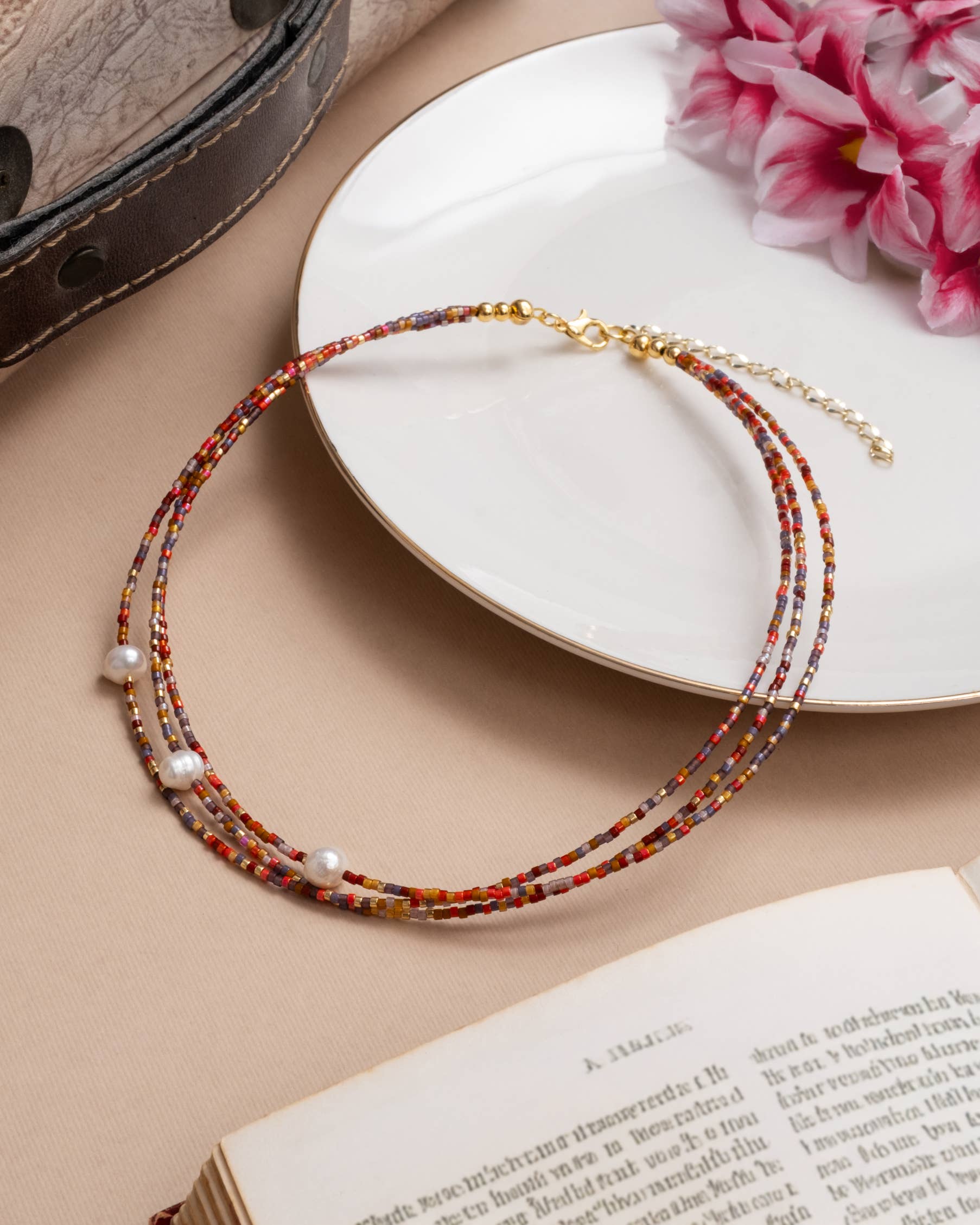 Handwoven Miyuki and Pearl Layering Necklace (Red/Orange)