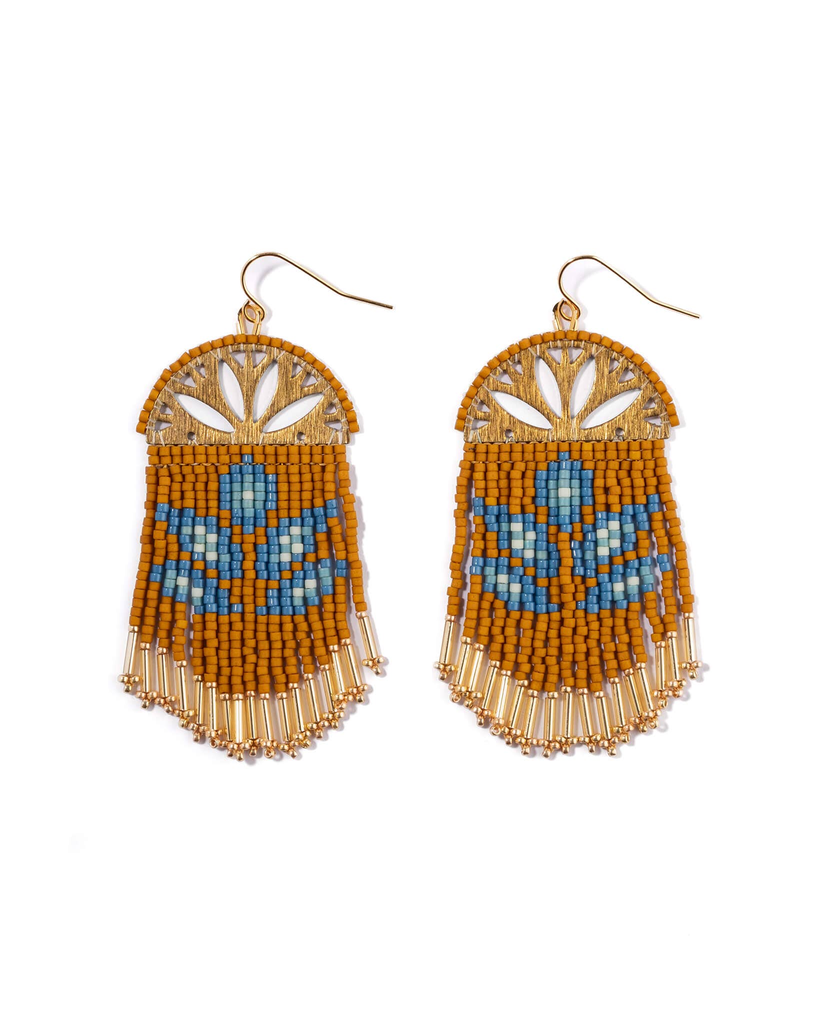 Beaded Handwoven Lotus Fringe Earrings (Mustard)