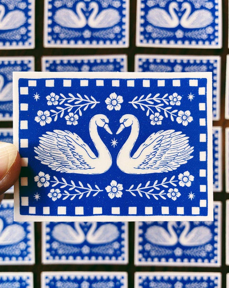 Blue Swan Sticker Folk Art Block Print Style Vinyl Decal 2.8