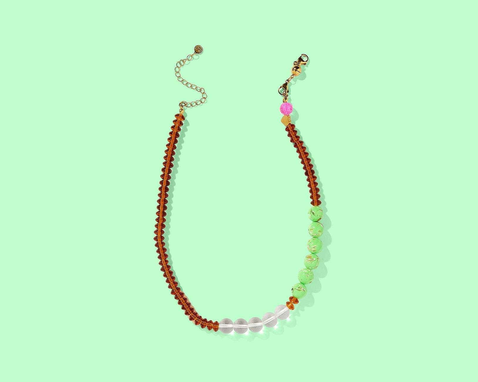 Beaded Necklace - Brown + Clear + Green Glass Beads - Abby