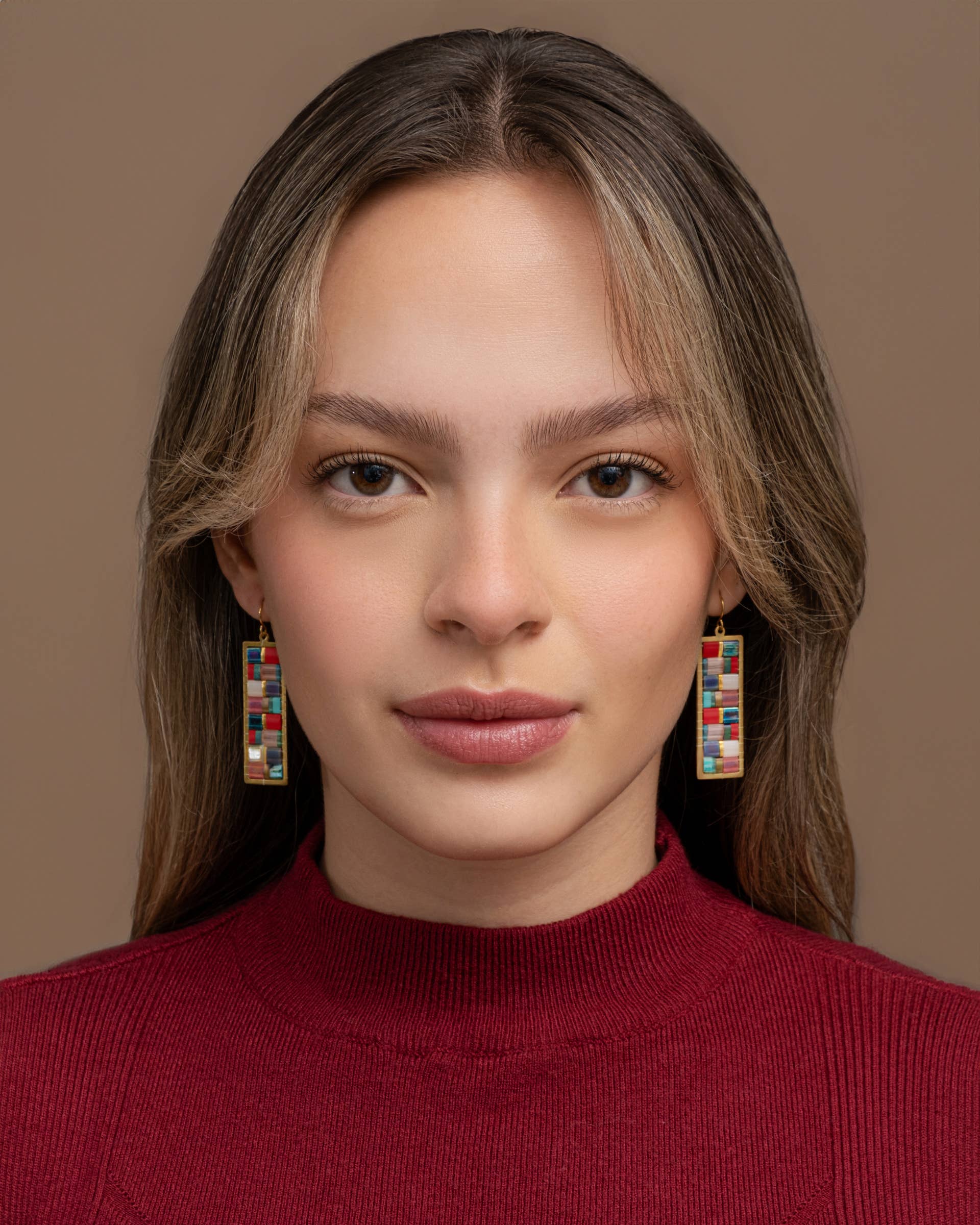 Beaded Handwoven Mosaic Tila and Brass Earrings (Blue/Red)
