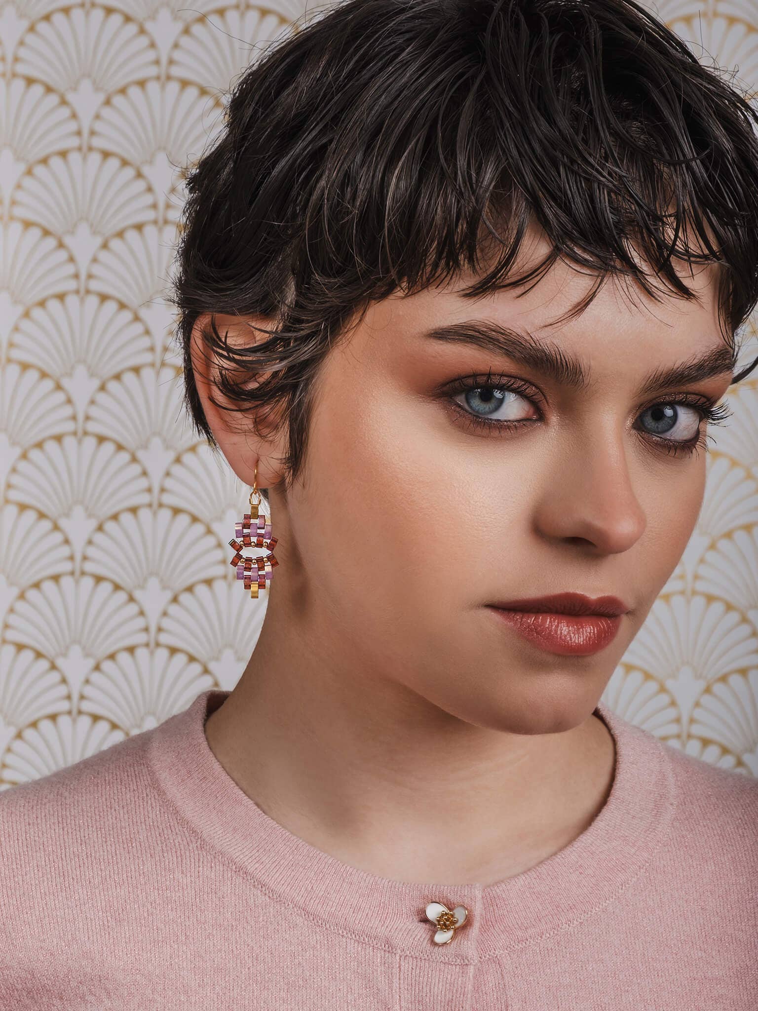 Beaded Handwoven Astoria Drop Earrings (Blue/Pink)