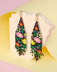Beaded Handwoven Wildflower Fringe Earrings (Black)