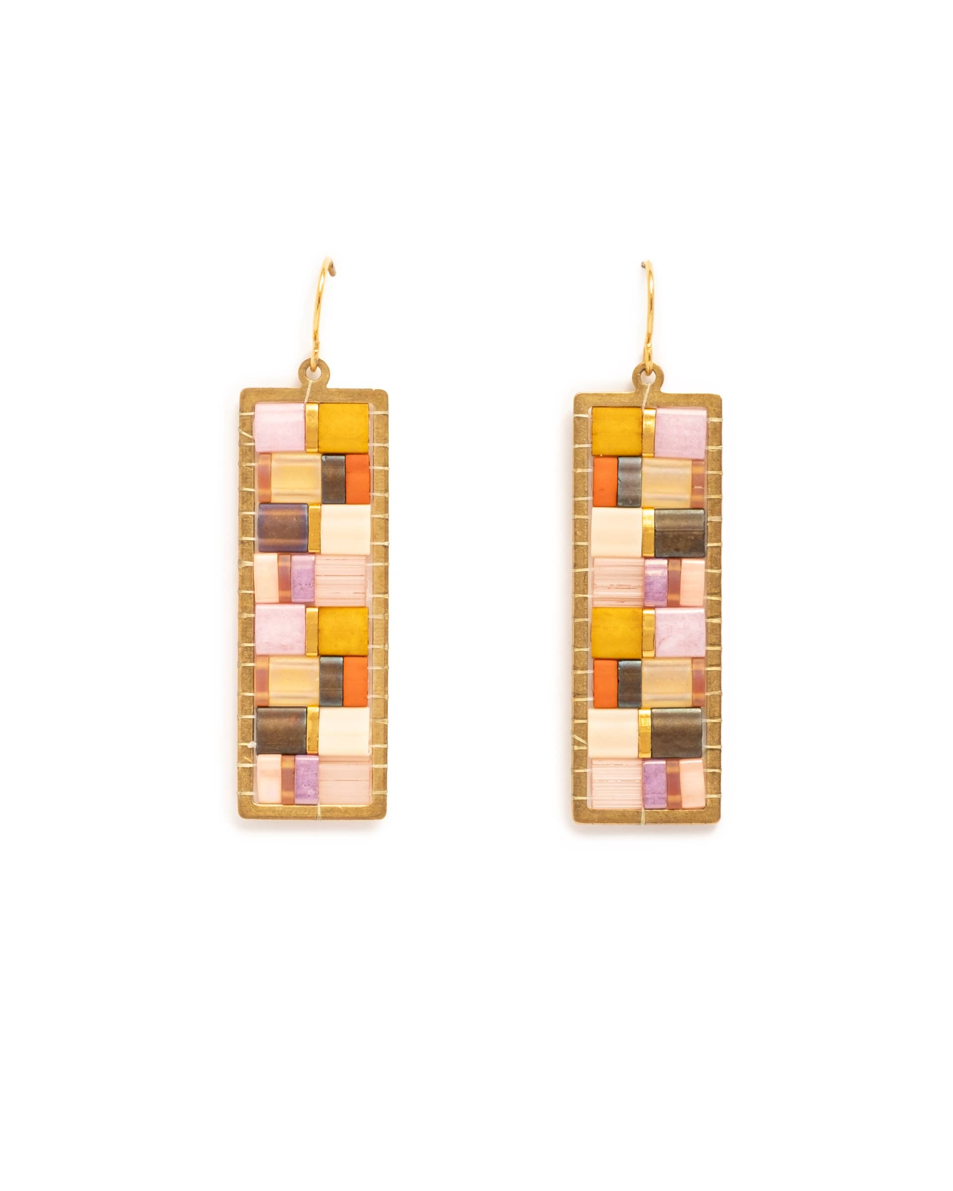 Beaded Handwoven Mosaic Tila and Brass Earrings (Blue/Red)