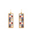Beaded Handwoven Mosaic Tila and Brass Earrings (Blue/Red)