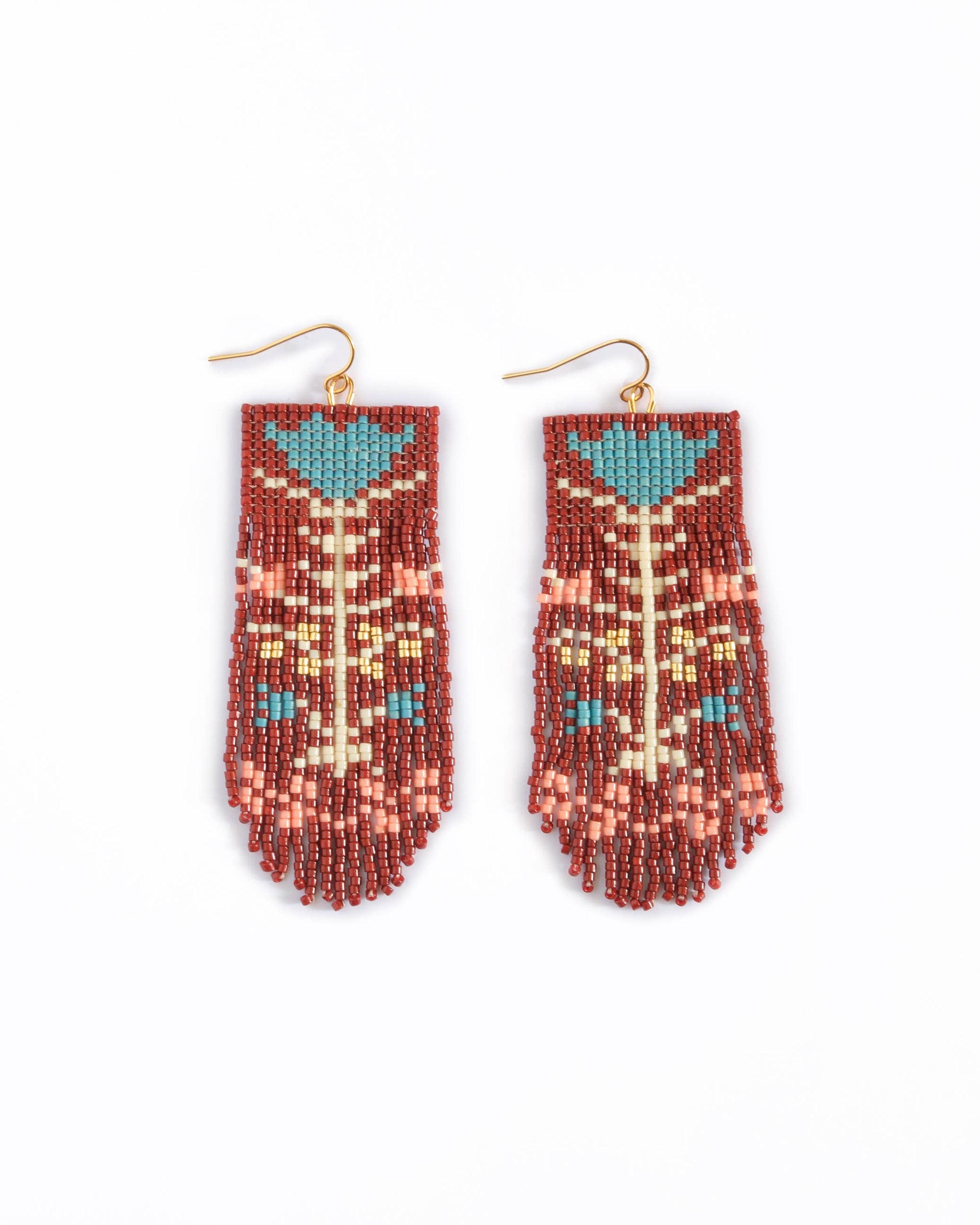 Beaded Handwoven Vintage Flower Fringe Earrings (Cream/Red)