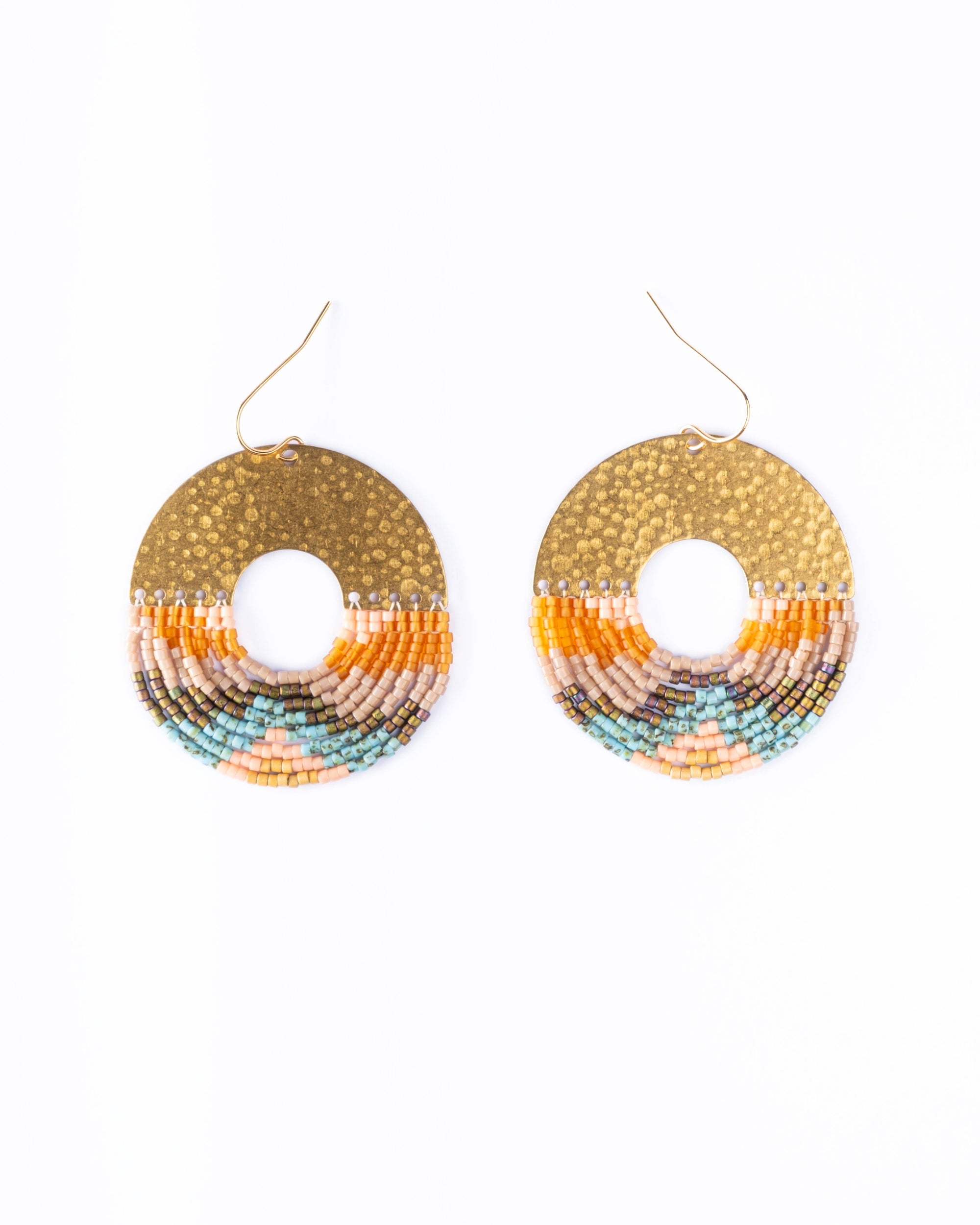 Beaded Handwoven Organic Circular Fringe Earrings (Blue)