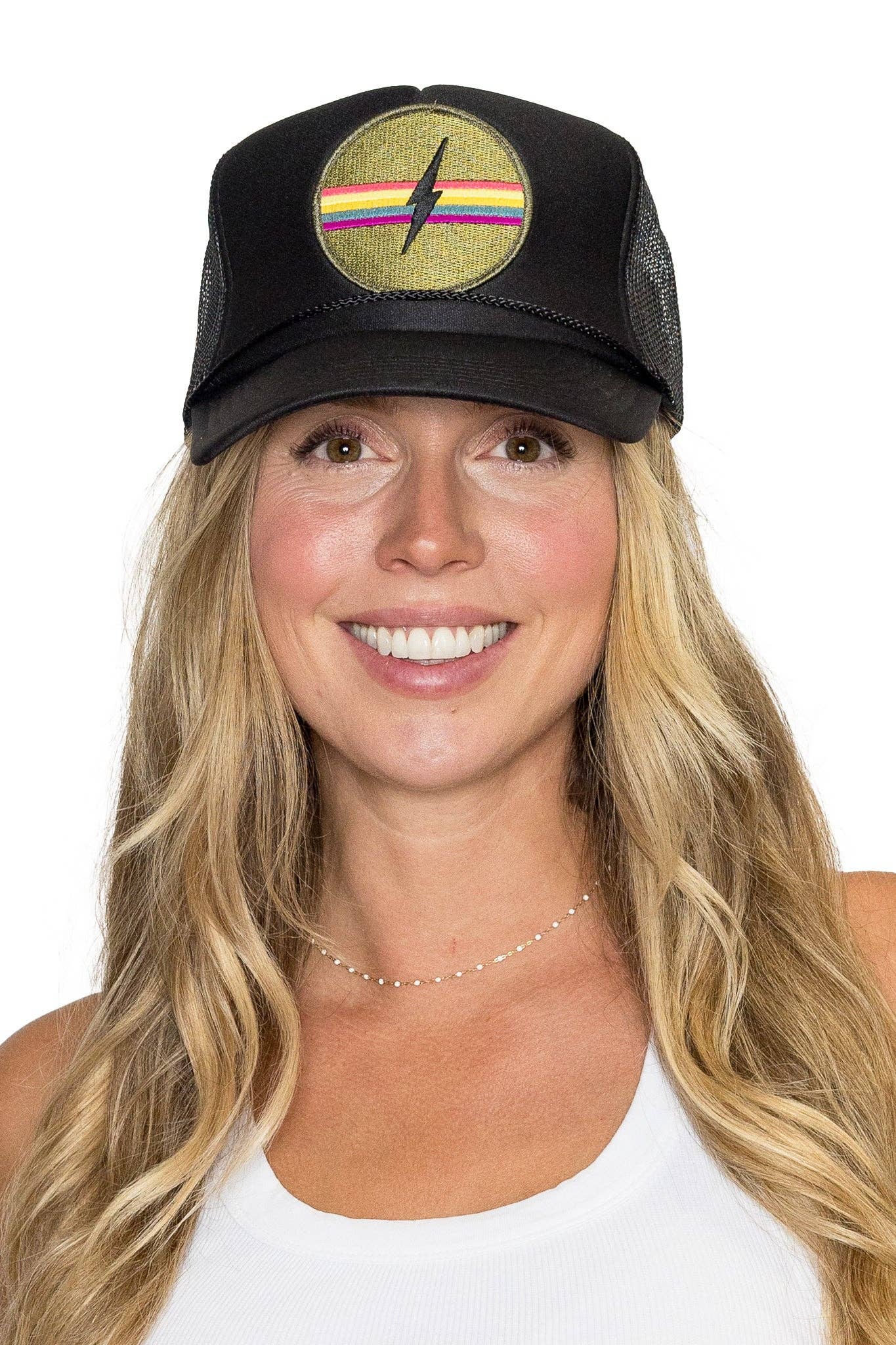 Electric Rainbow Trucker Hat in Black