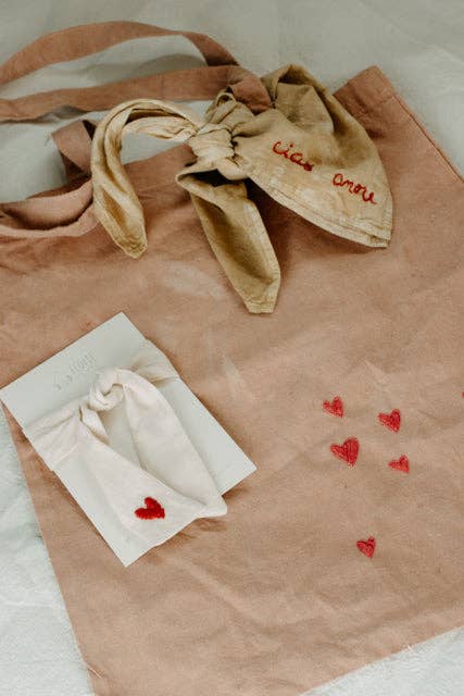 Hand embroidered, plant dyed tote bag: Hearts