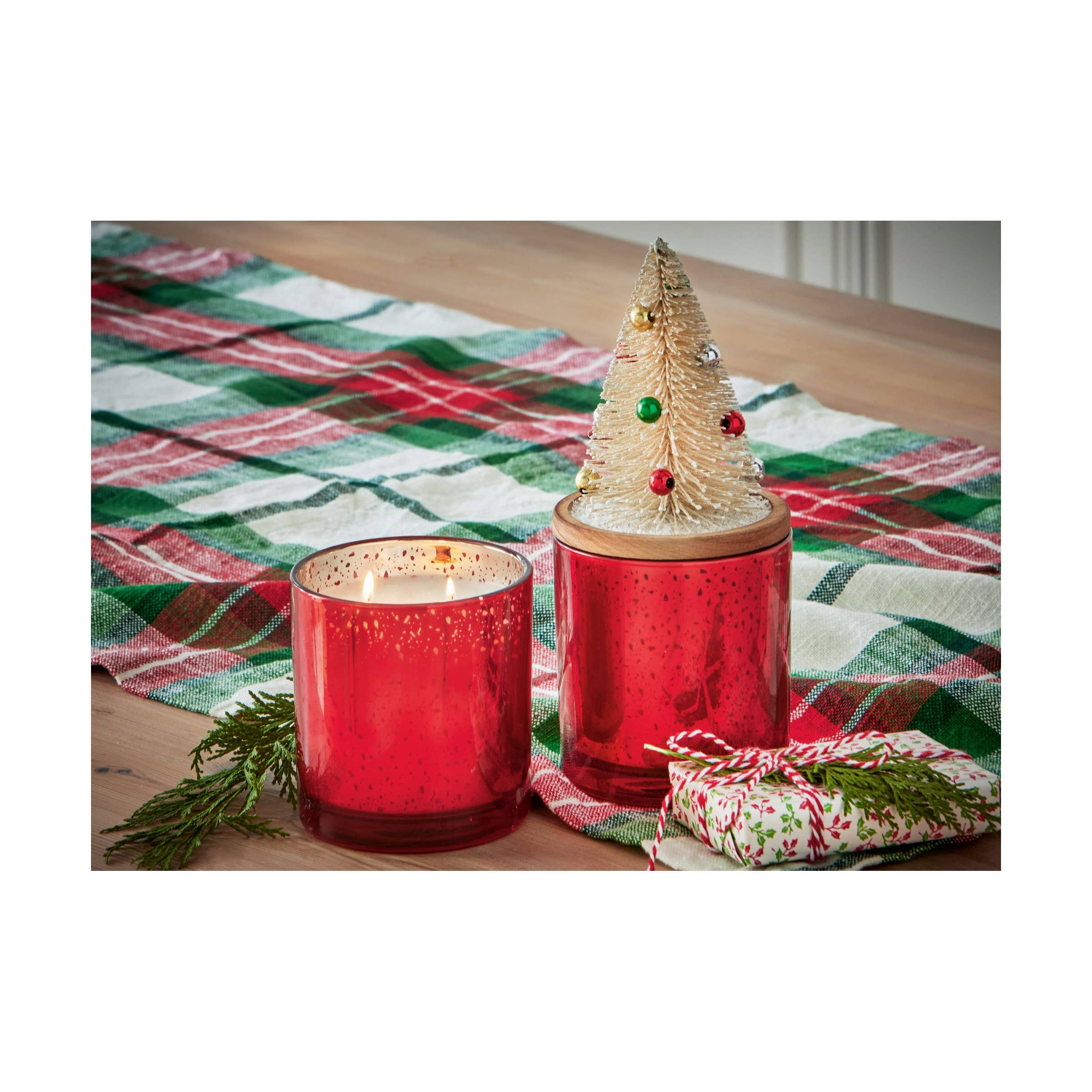 Cedar Fireplace Bottle Brush Tree Candle-Red: Red, Glass