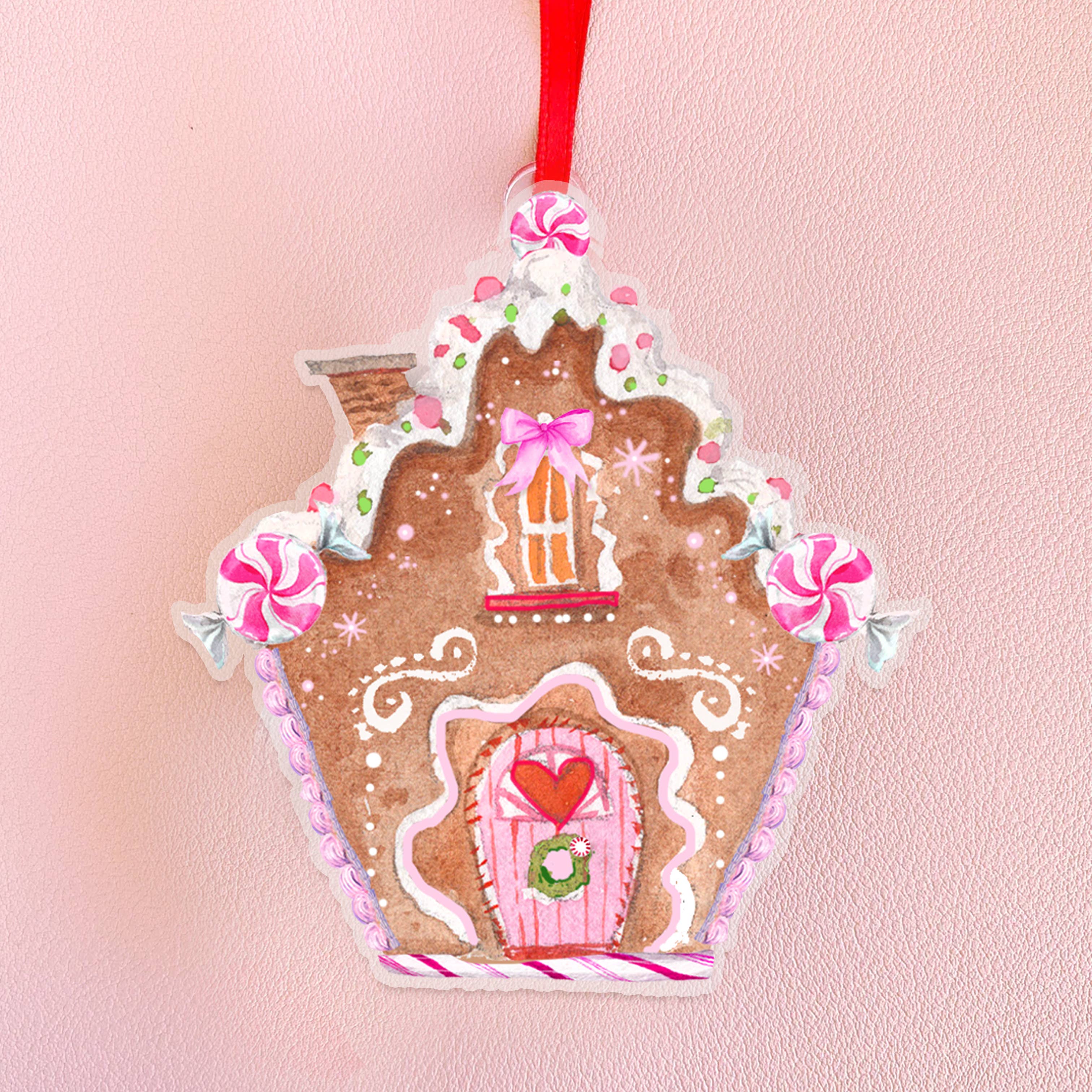 Pink Peppermint Chalet Gingerbread House Christmas Ornament
