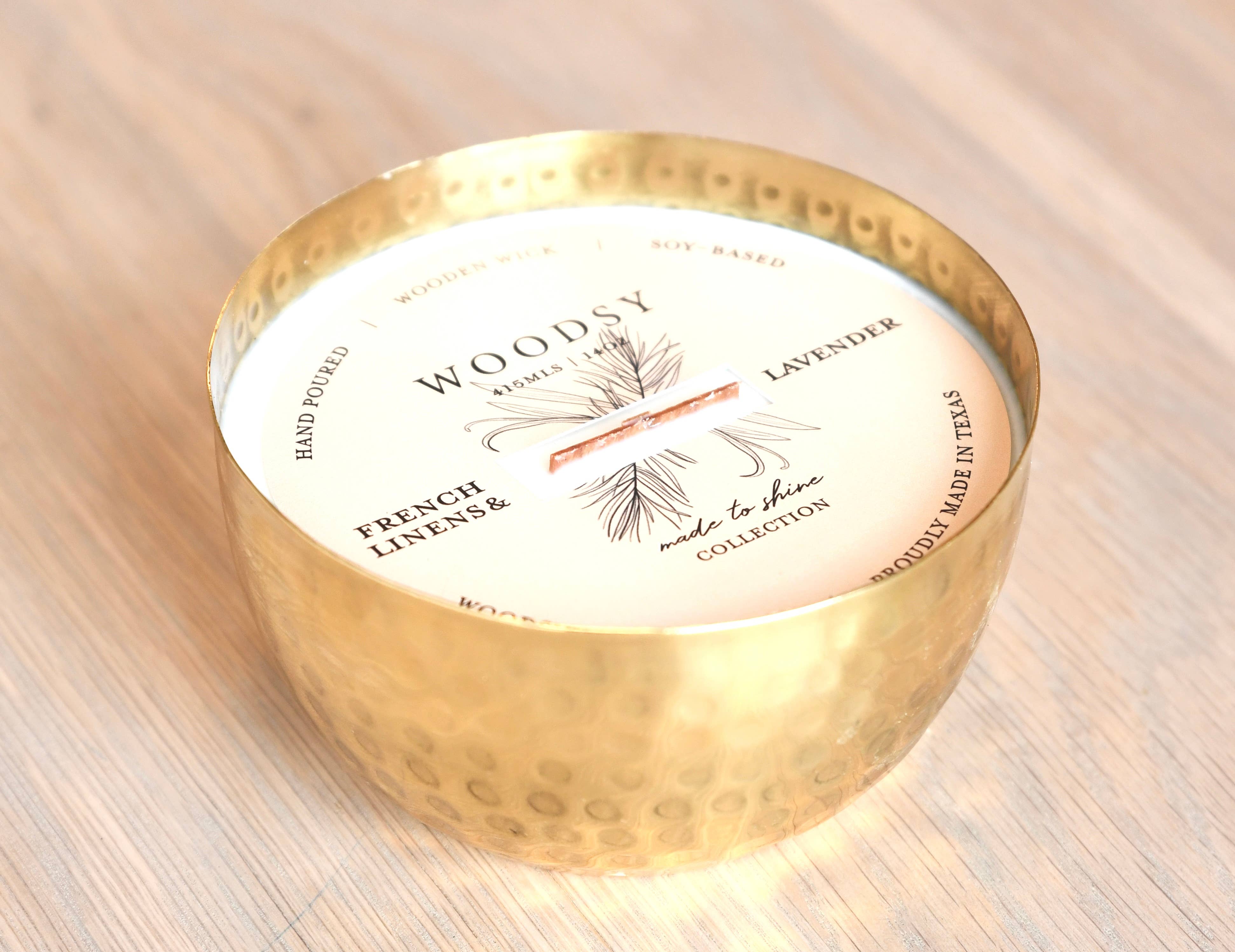 French Linens &amp; Lavender-Solid Brass 14oz Pure Soy Candle