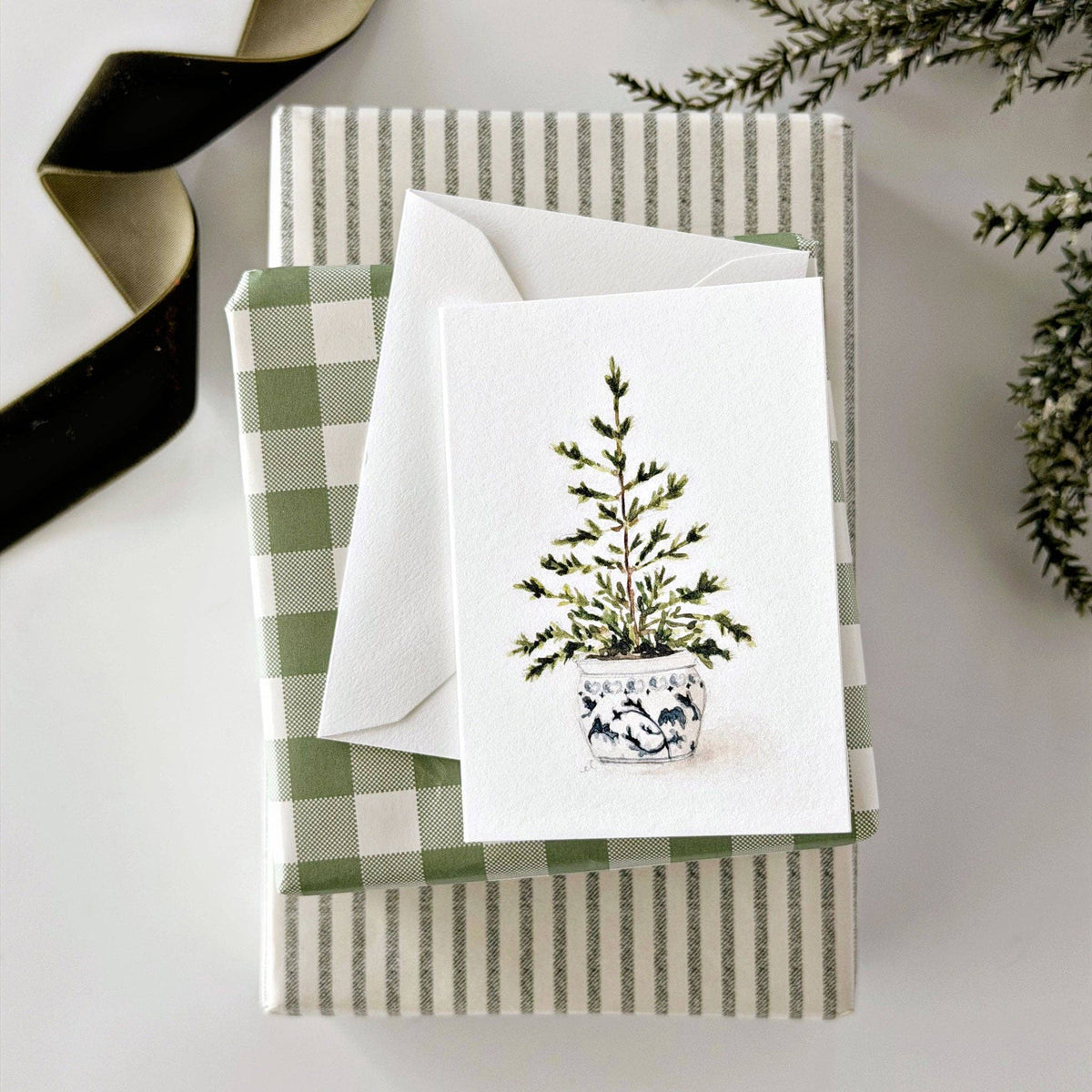 Blue potted tree mini enclosure notecard