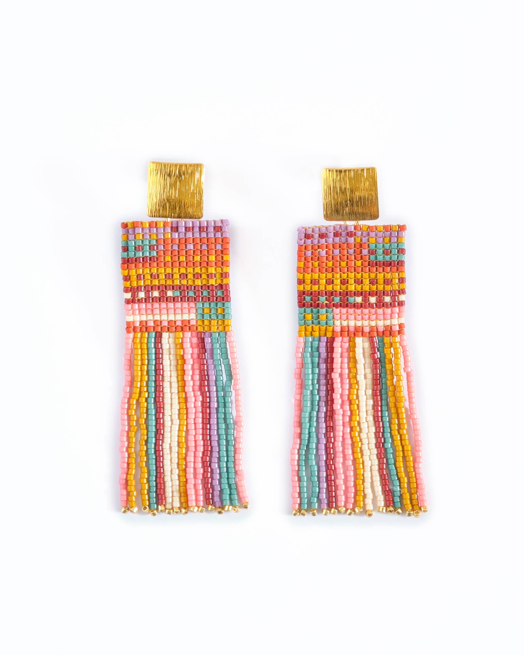 Beaded Handwoven Striped Knit Fringe Earrings (Ocean Sunset)