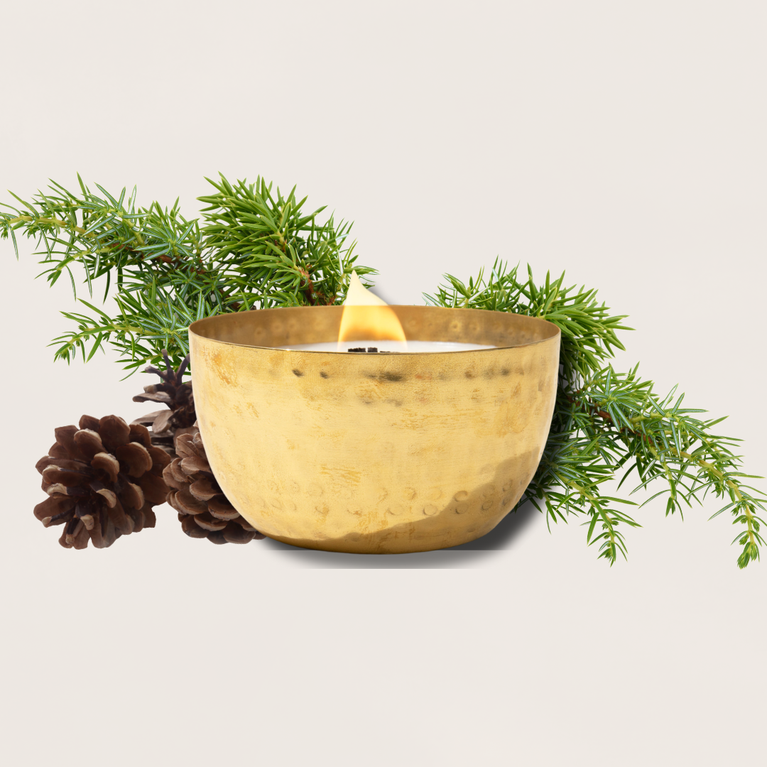 Juniper &amp; Balsam Fir-Solid Brass 14oz Pure Soy Candle