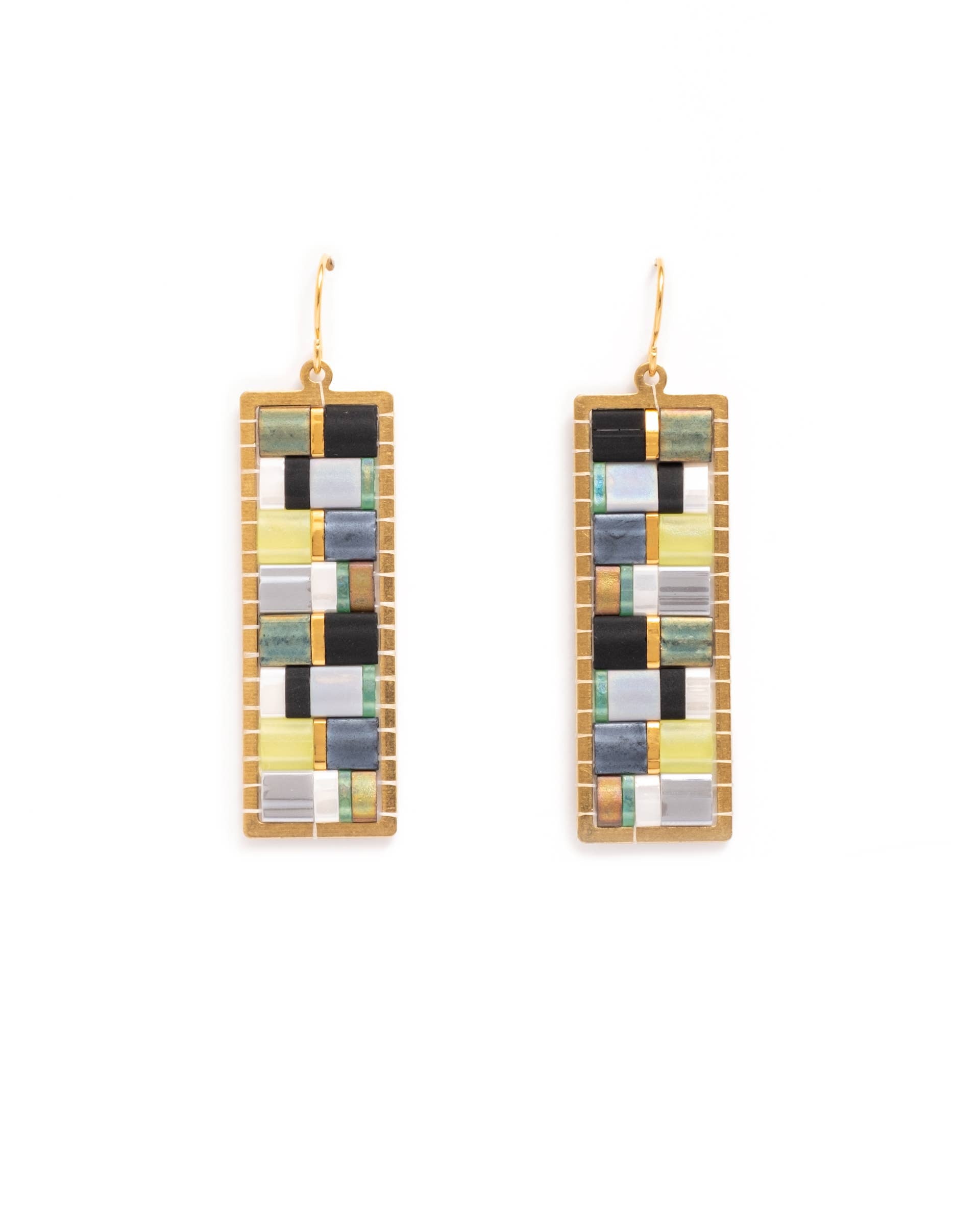 Beaded Handwoven Mosaic Tila and Brass Earrings (Blue/Red)