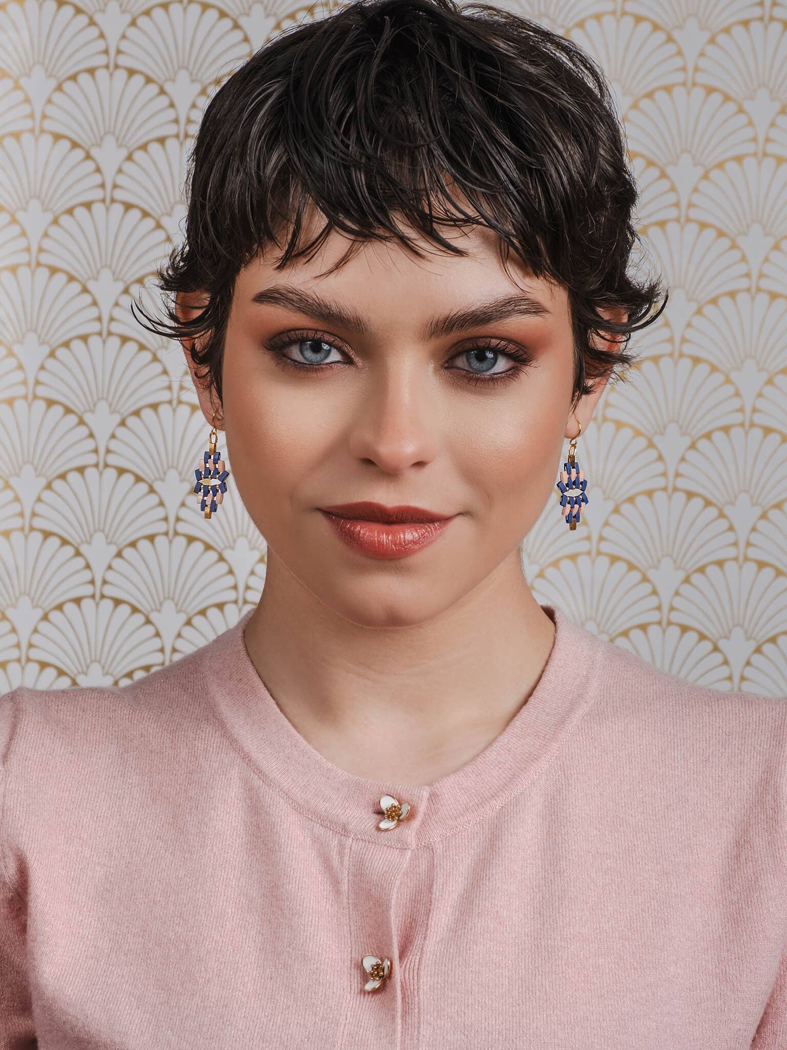 Beaded Handwoven Astoria Drop Earrings (Blue/Pink)