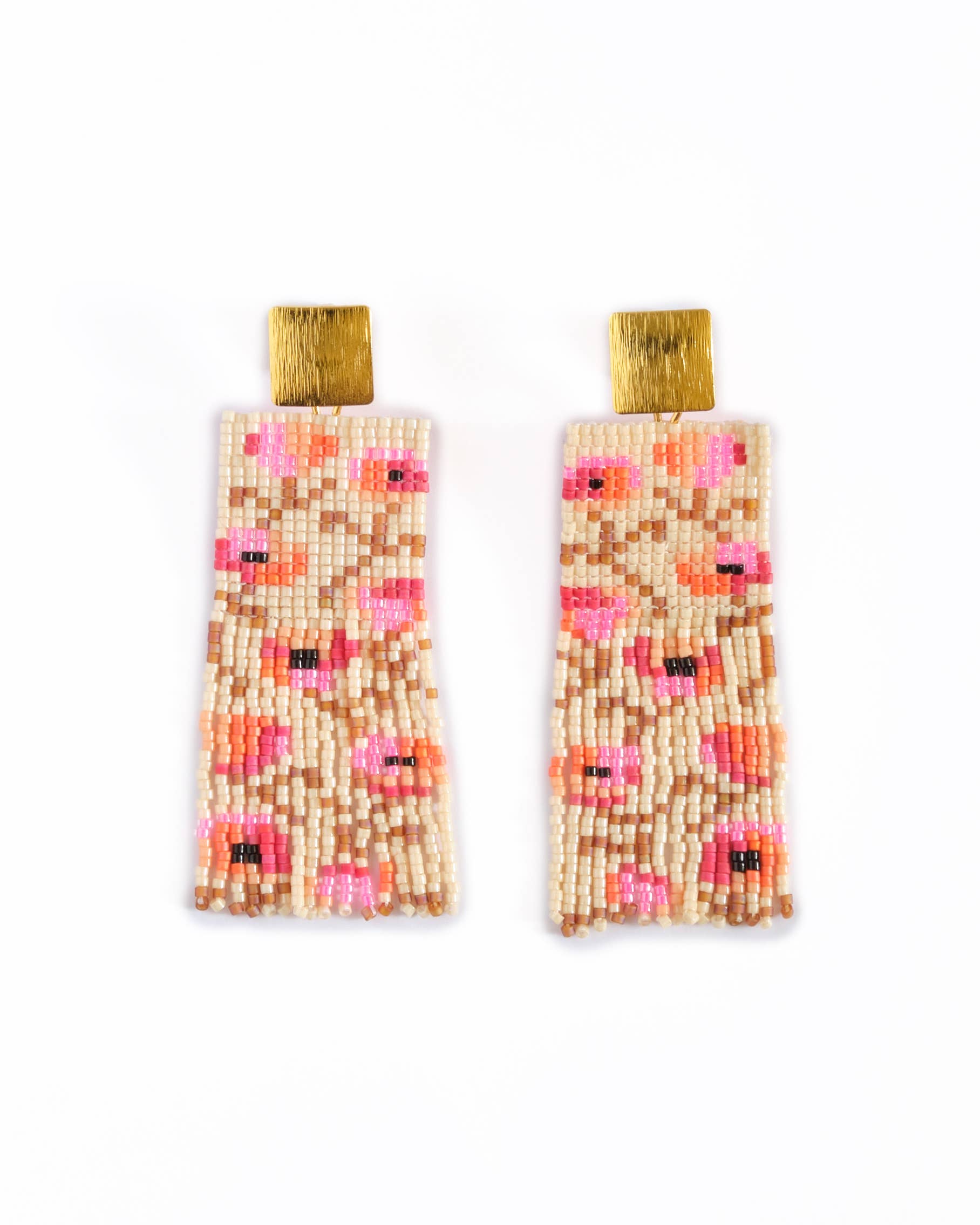 Beaded Handwoven Poppy Flower Fringe Earrings (Cream/Pink)