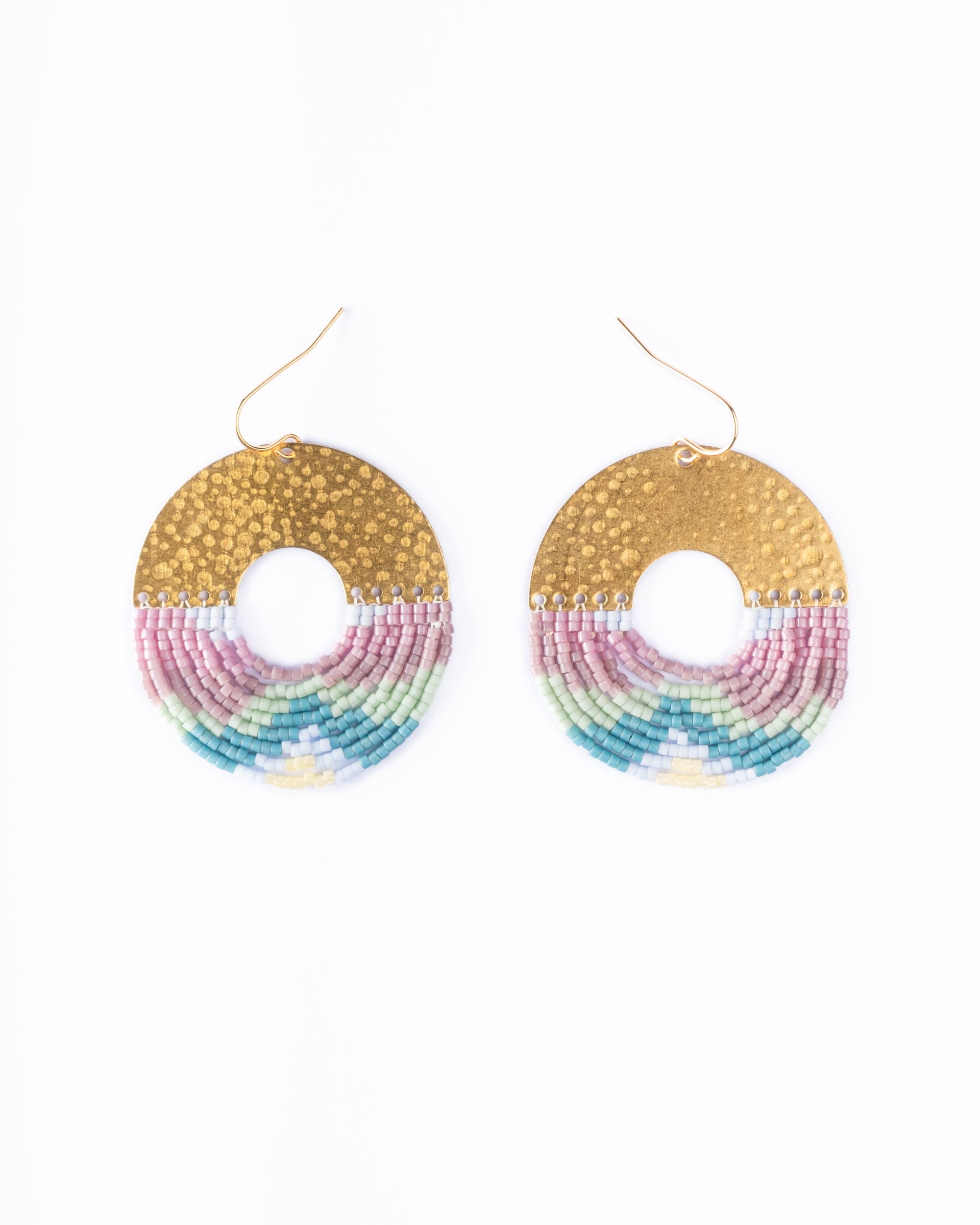 Beaded Handwoven Organic Circular Fringe Earrings (Lilac)