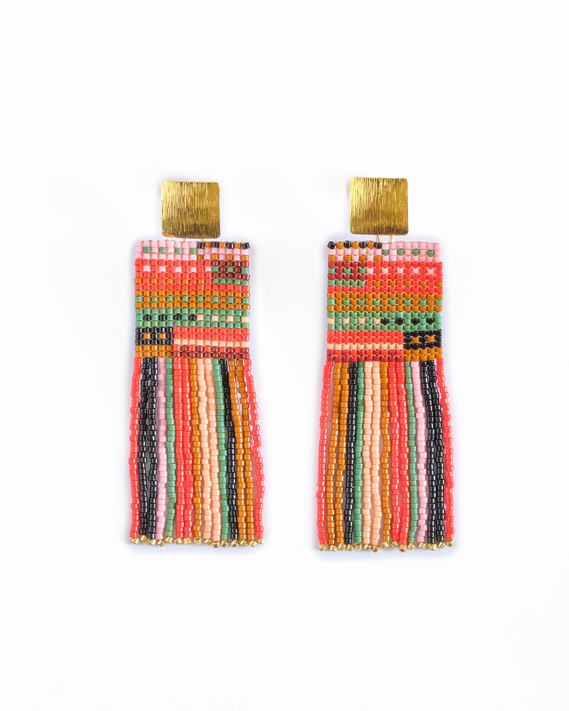 Beaded Handwoven Striped Knit Fringe Earrings (Ocean Sunset)