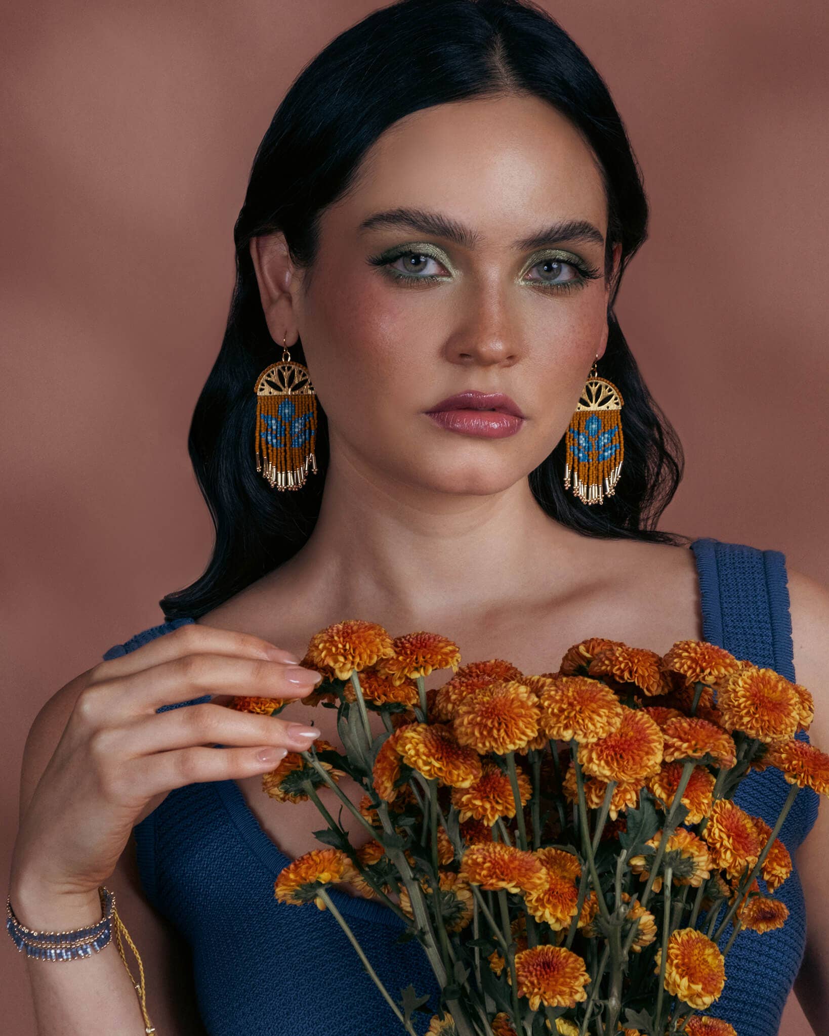Beaded Handwoven Lotus Fringe Earrings (Mustard)