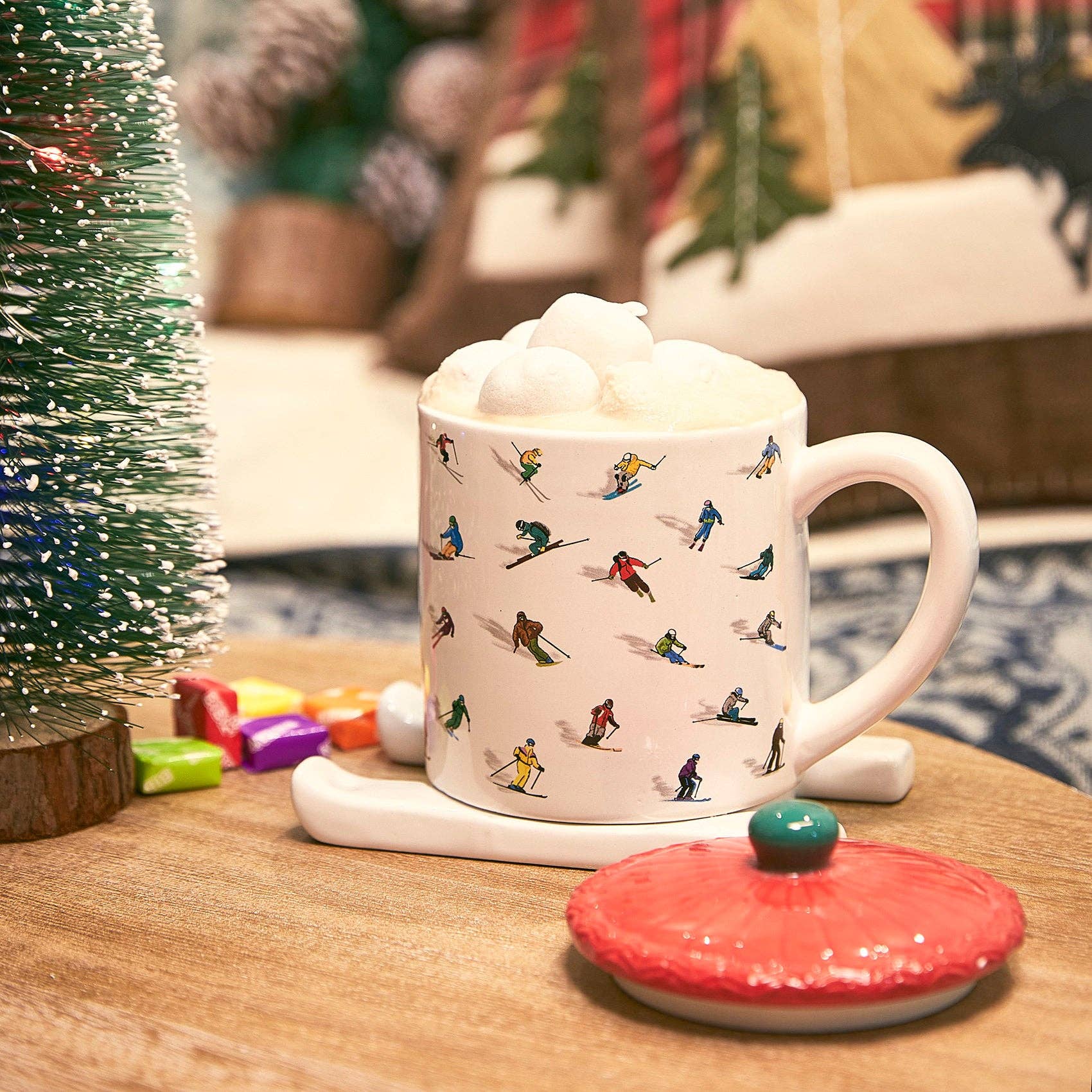 Ceramic Skiing Mug with Lid and Skis Coaster by GUTE - Cute