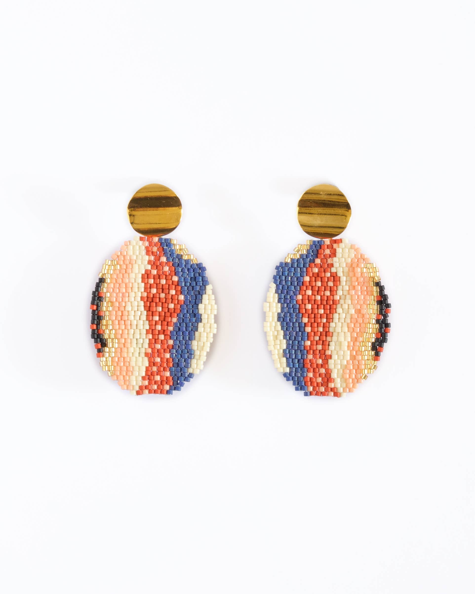 Beaded Handwoven Organic Oval Drop Earrings (Red)