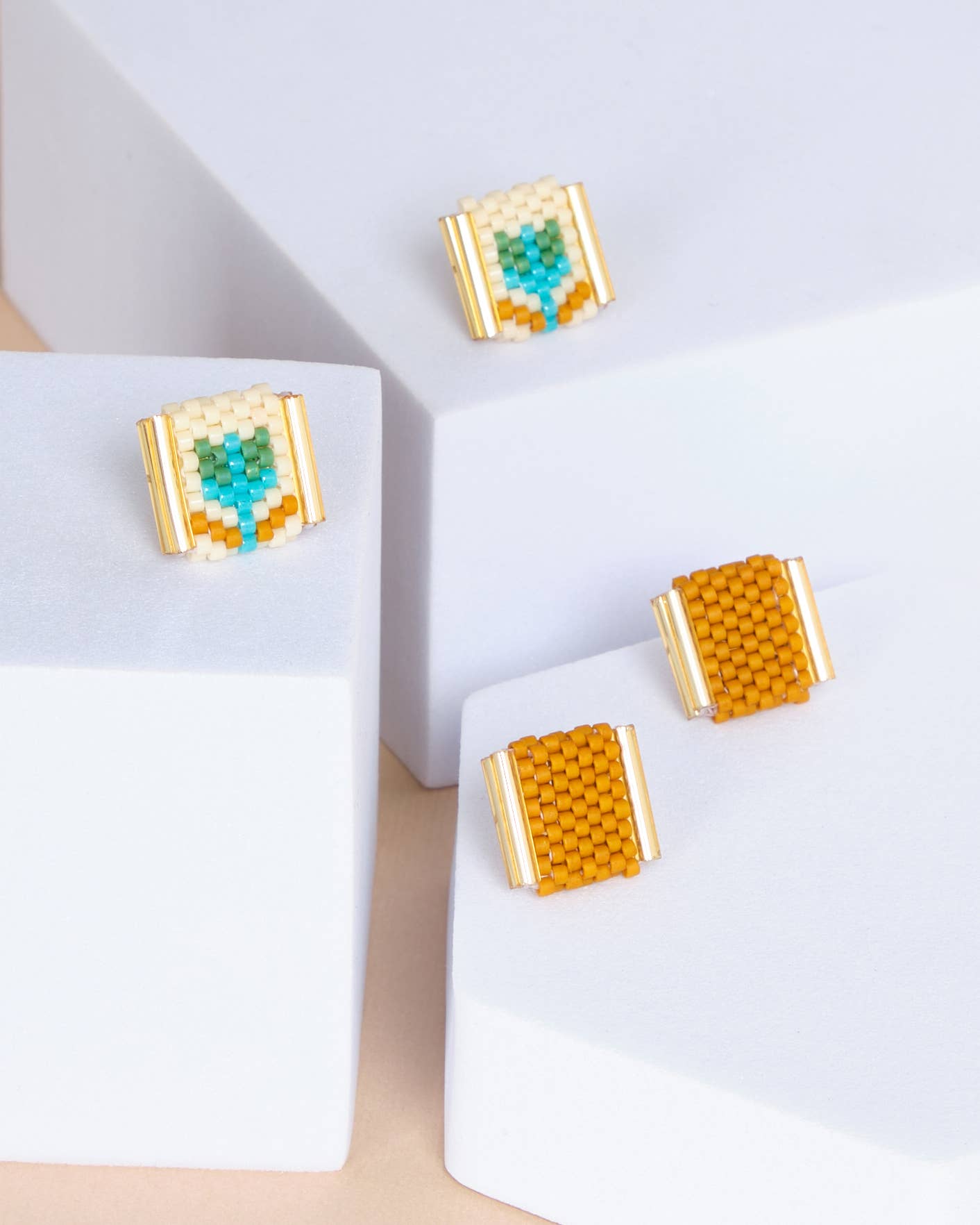 Beaded Handwoven Tulip Stud Pack (Cream/Tan)