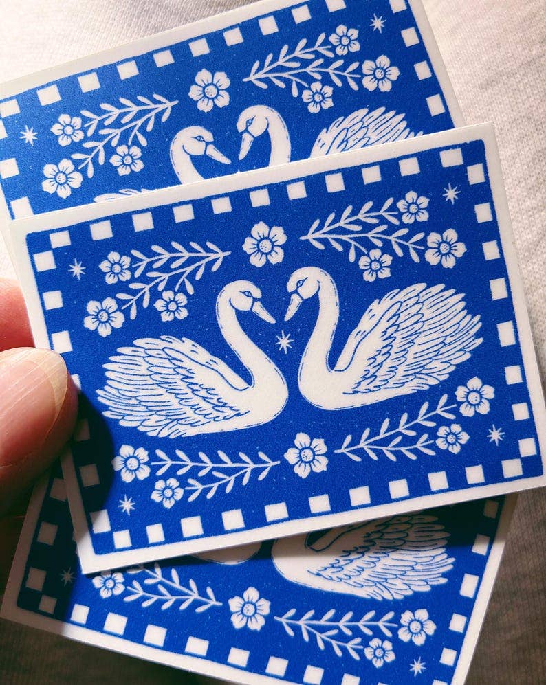 Blue Swan Sticker Folk Art Block Print Style Vinyl Decal 2.8