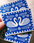 Blue Swan Sticker Folk Art Block Print Style Vinyl Decal 2.8
