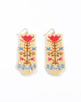 Beaded Handwoven Vintage Flower Fringe Earrings (Cream/Red)
