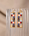 Beaded Handwoven Mosaic Tila and Brass Earrings (Blue/Red)