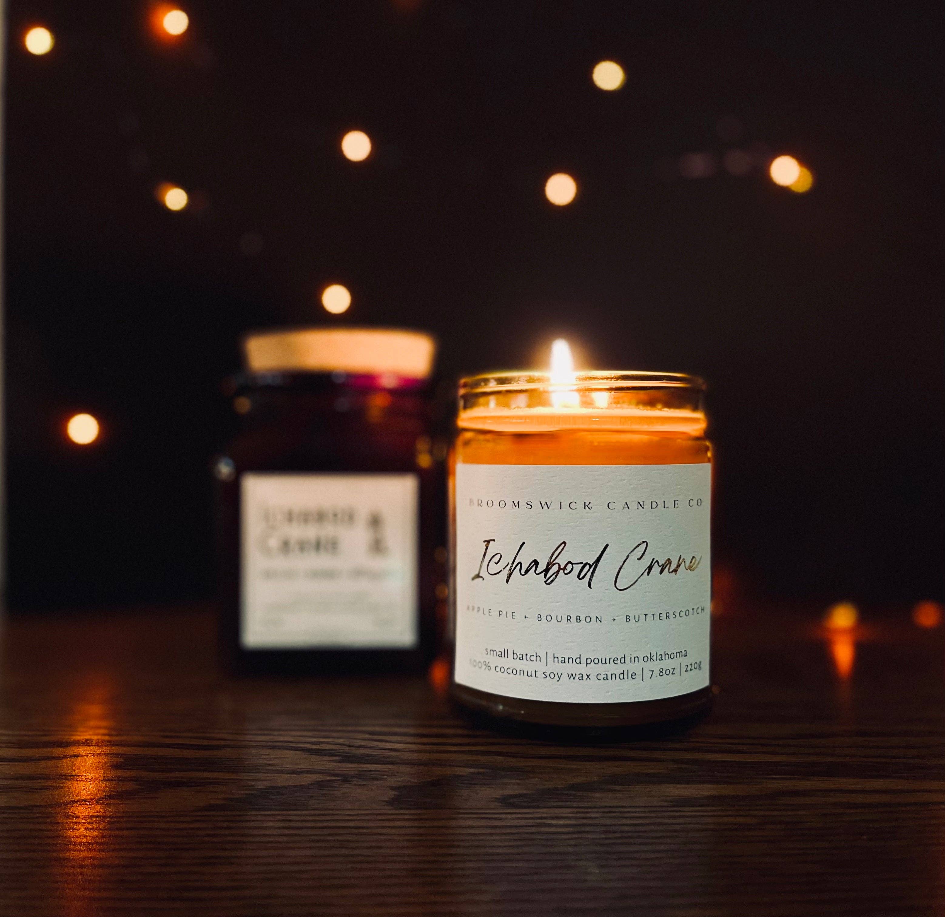 ICHABOD CRANE Apothecary Vintage Halloween Autumn Candle: Amber Apothecary Jar w/ Cork Lid (9.0 oz)