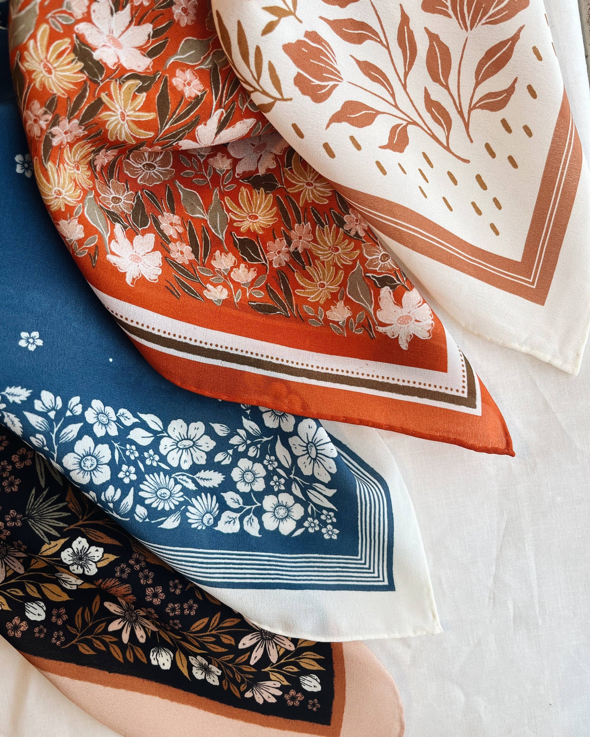 100% Silk Bandana Scarf -Santorini Floral China Blue Western