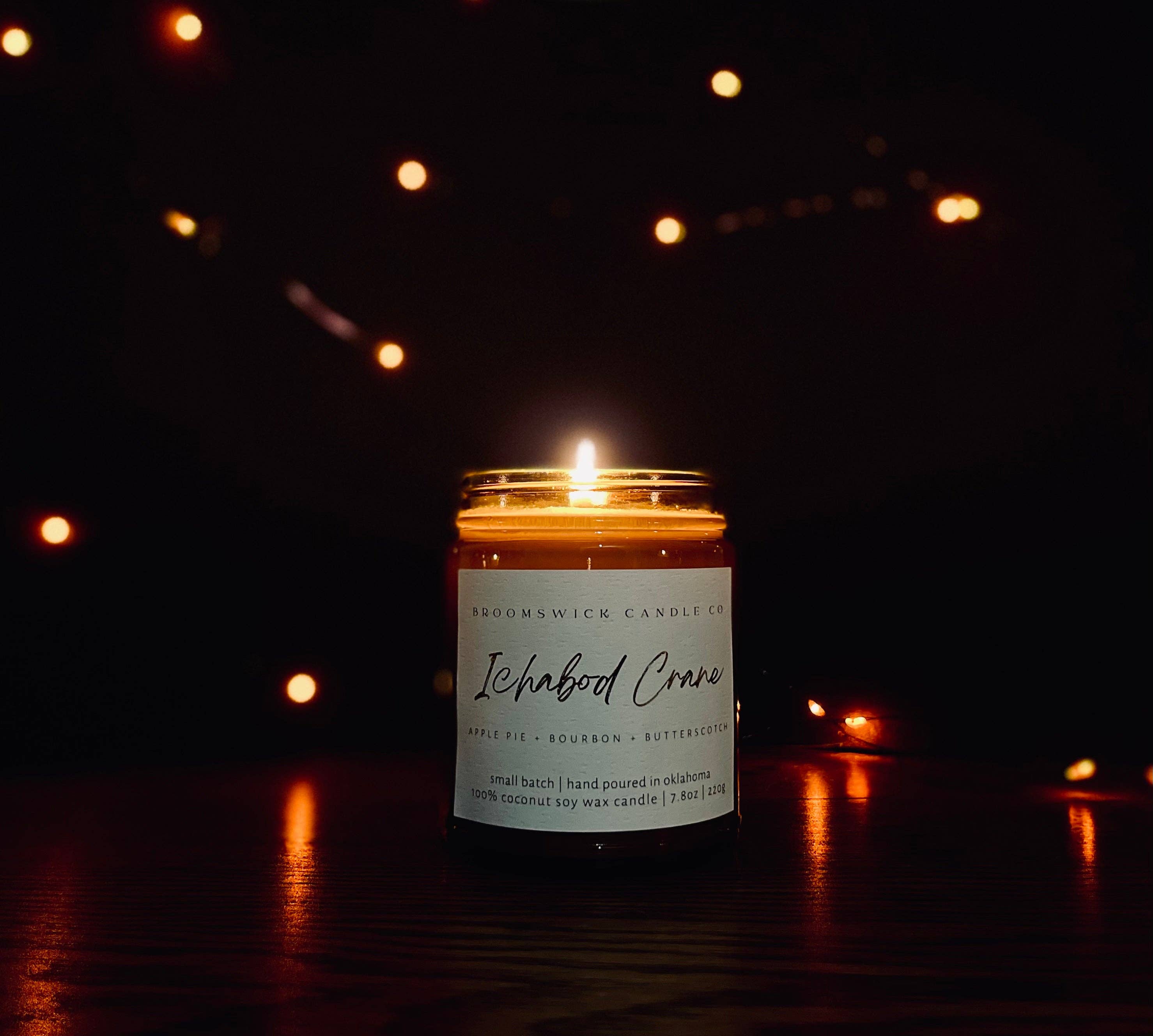 ICHABOD CRANE Apothecary Vintage Halloween Autumn Candle: Amber Apothecary Jar w/ Cork Lid (9.0 oz)