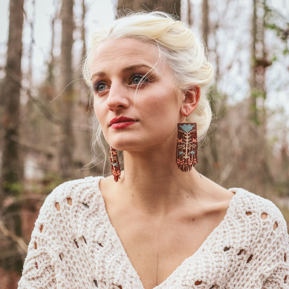 Beaded Handwoven Vintage Flower Fringe Earrings (Cream/Red)