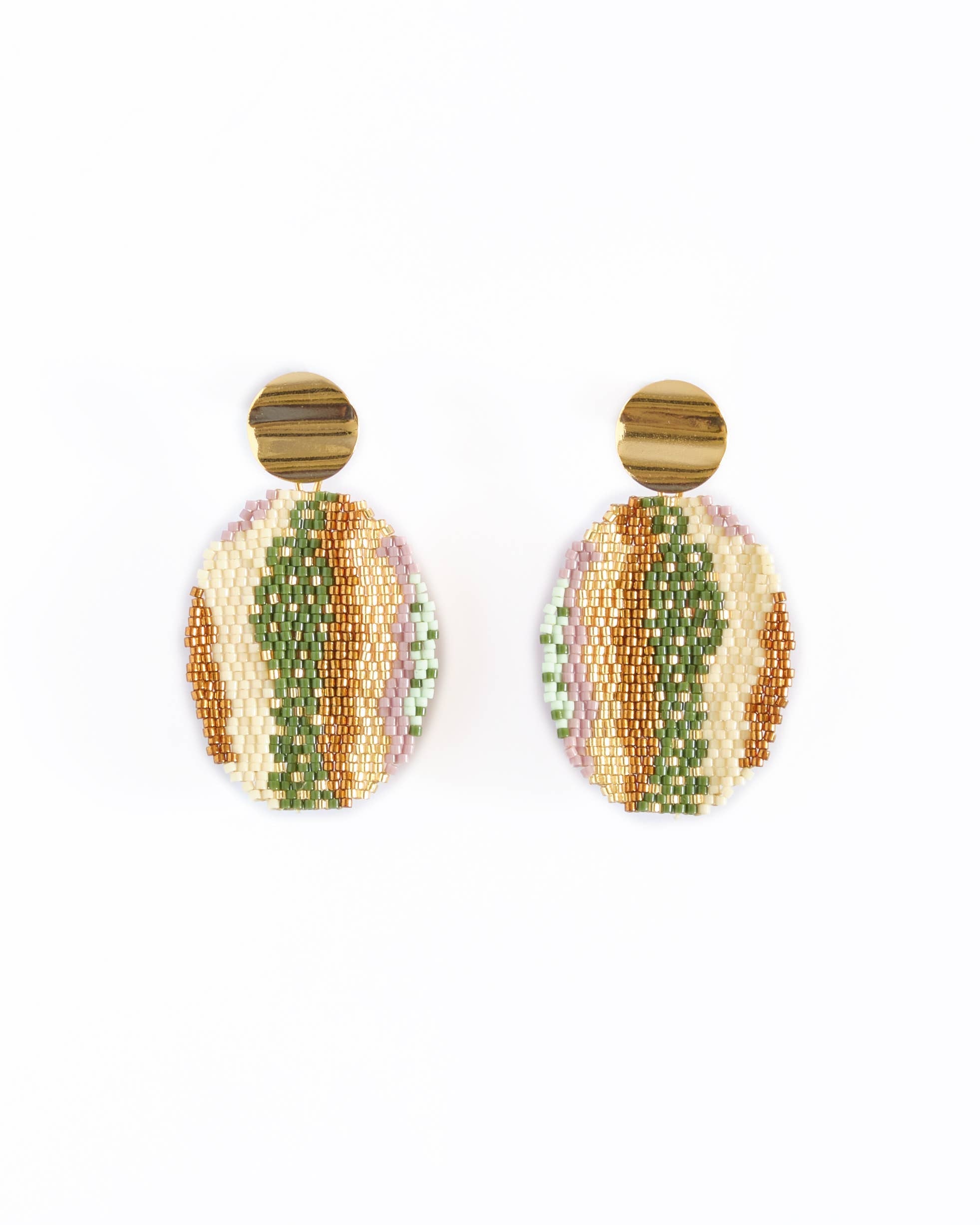 Beaded Handwoven Organic Oval Drop Earrings (Red)