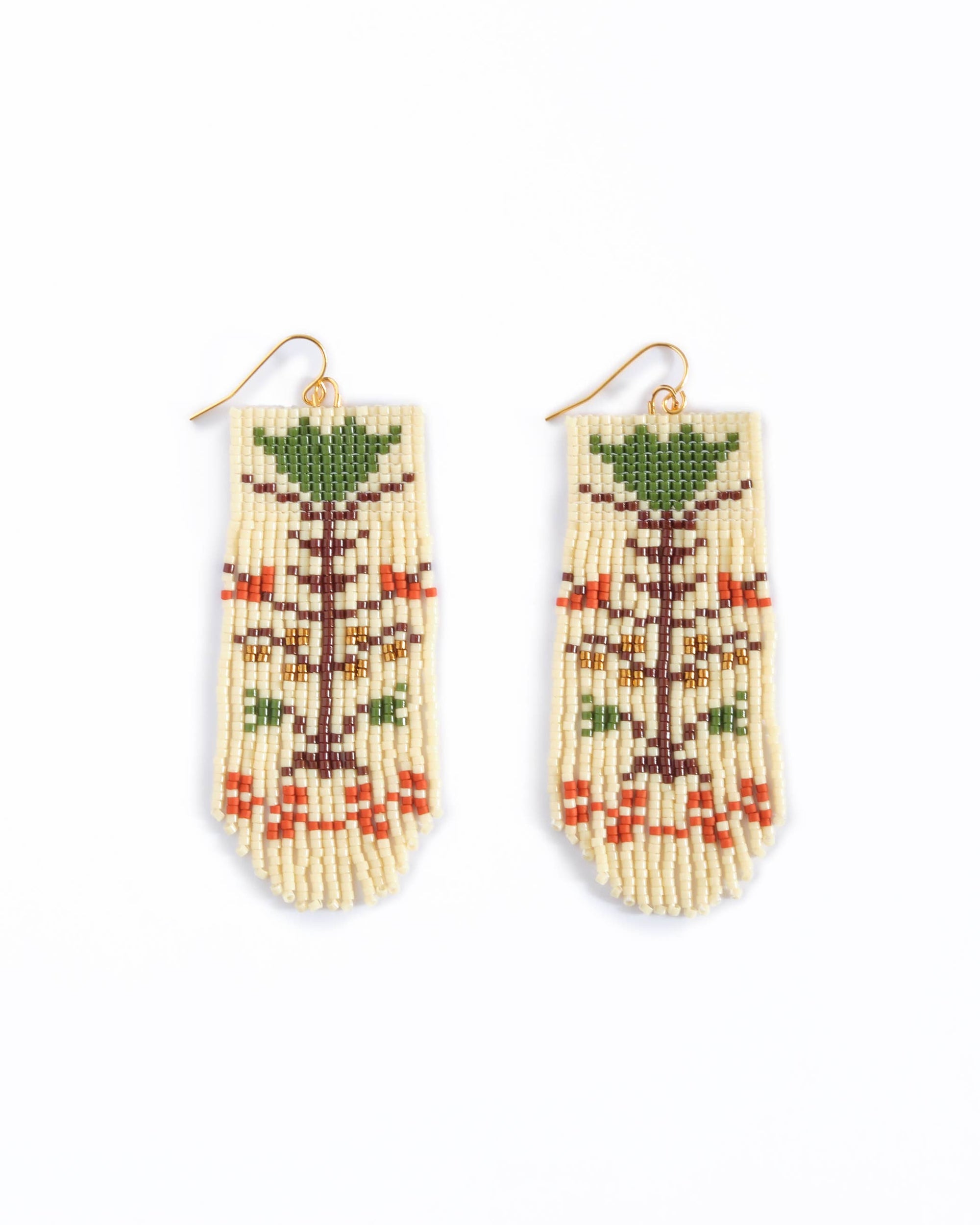Beaded Handwoven Vintage Flower Fringe Earrings (Cream/Red)