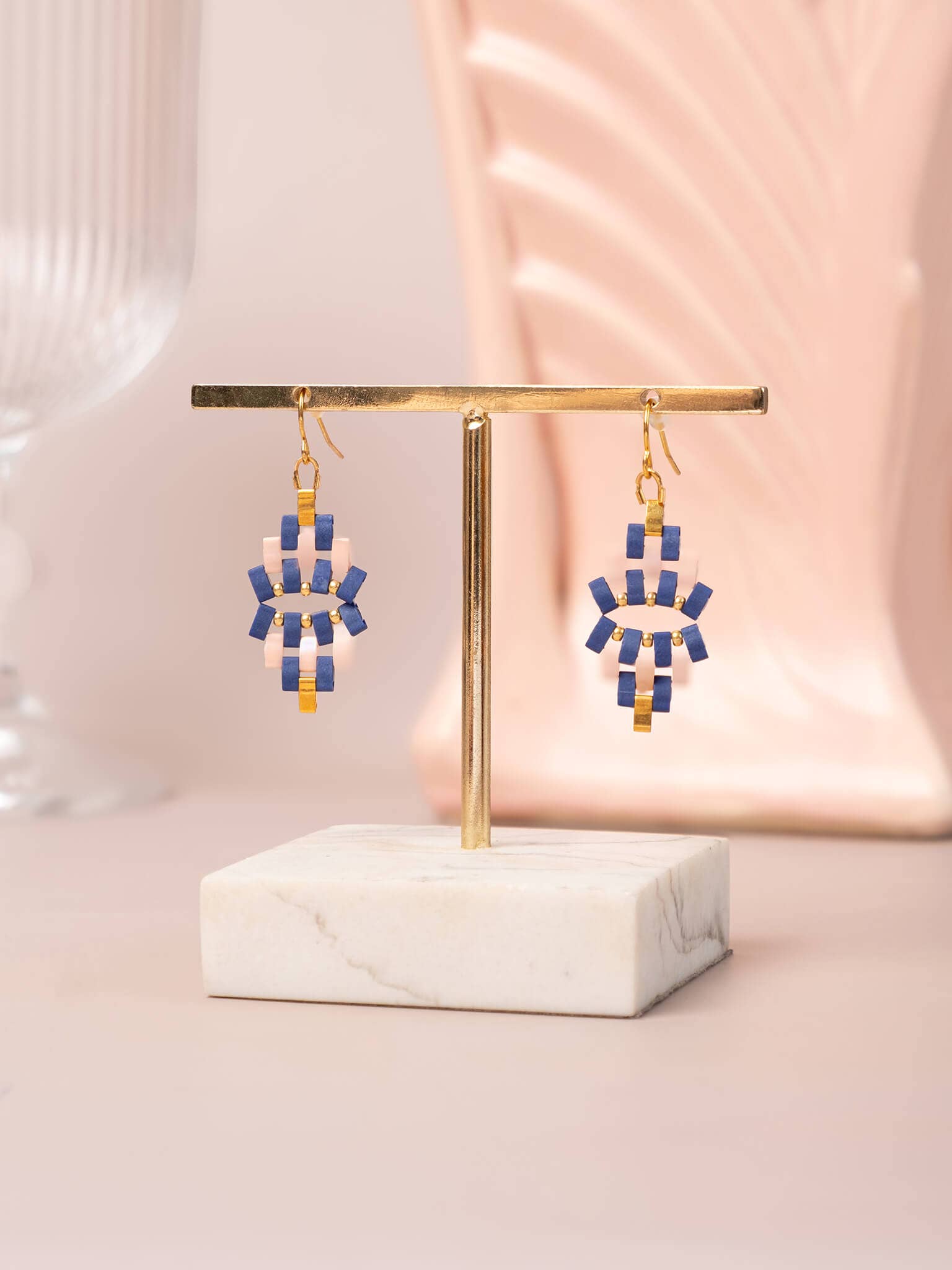 Beaded Handwoven Astoria Drop Earrings (Blue/Pink)