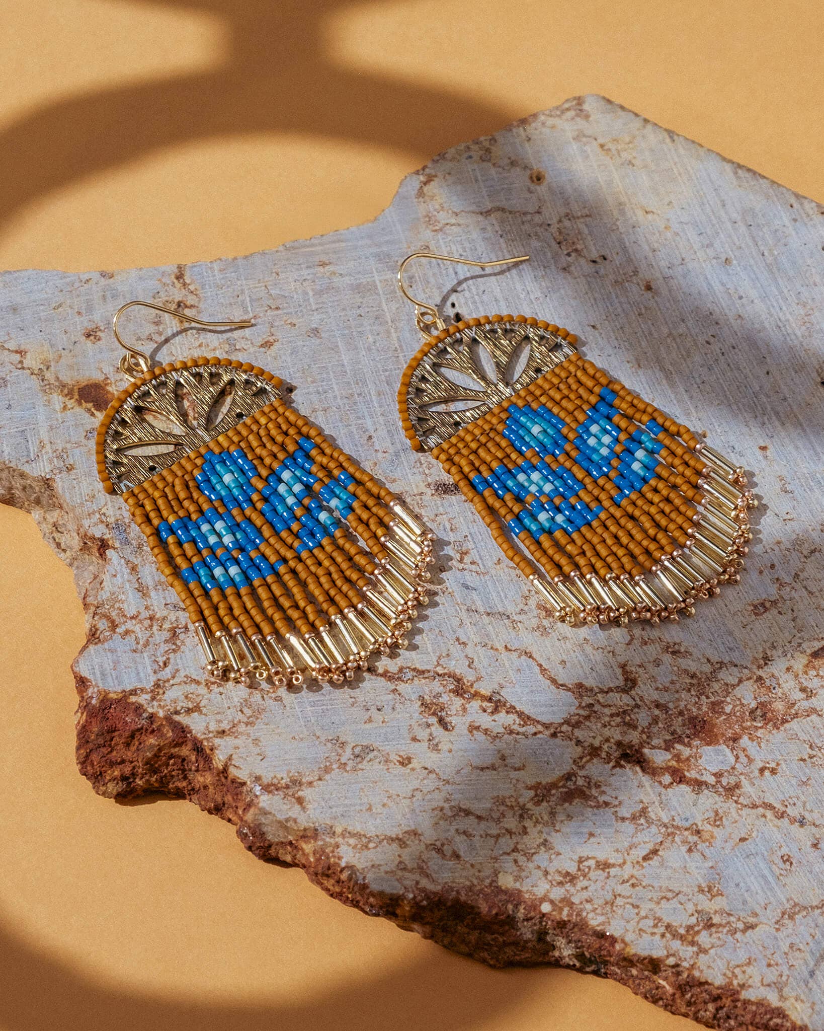 Beaded Handwoven Lotus Fringe Earrings (Mustard)