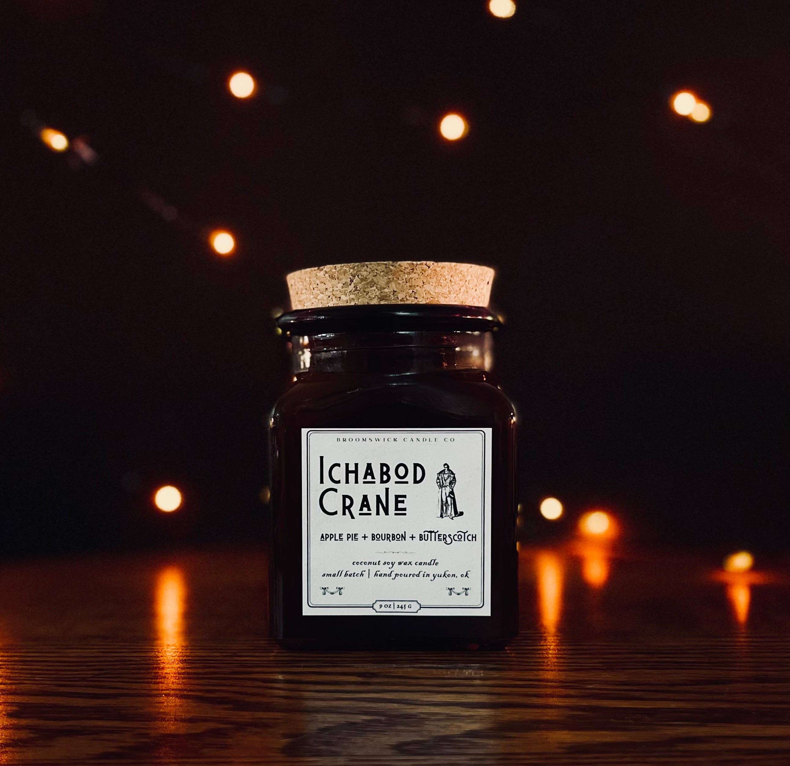 ICHABOD CRANE Apothecary Vintage Halloween Autumn Candle: Amber Apothecary Jar w/ Cork Lid (9.0 oz)