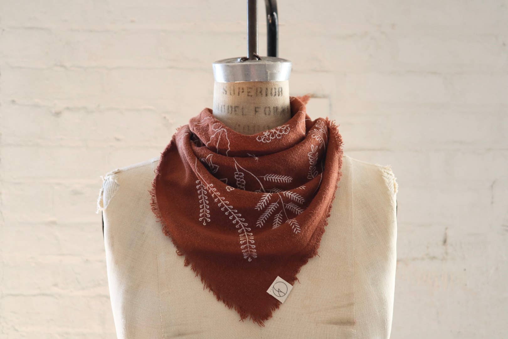 Terracotta Botanical Print Naturally Dyed Bandana (white)