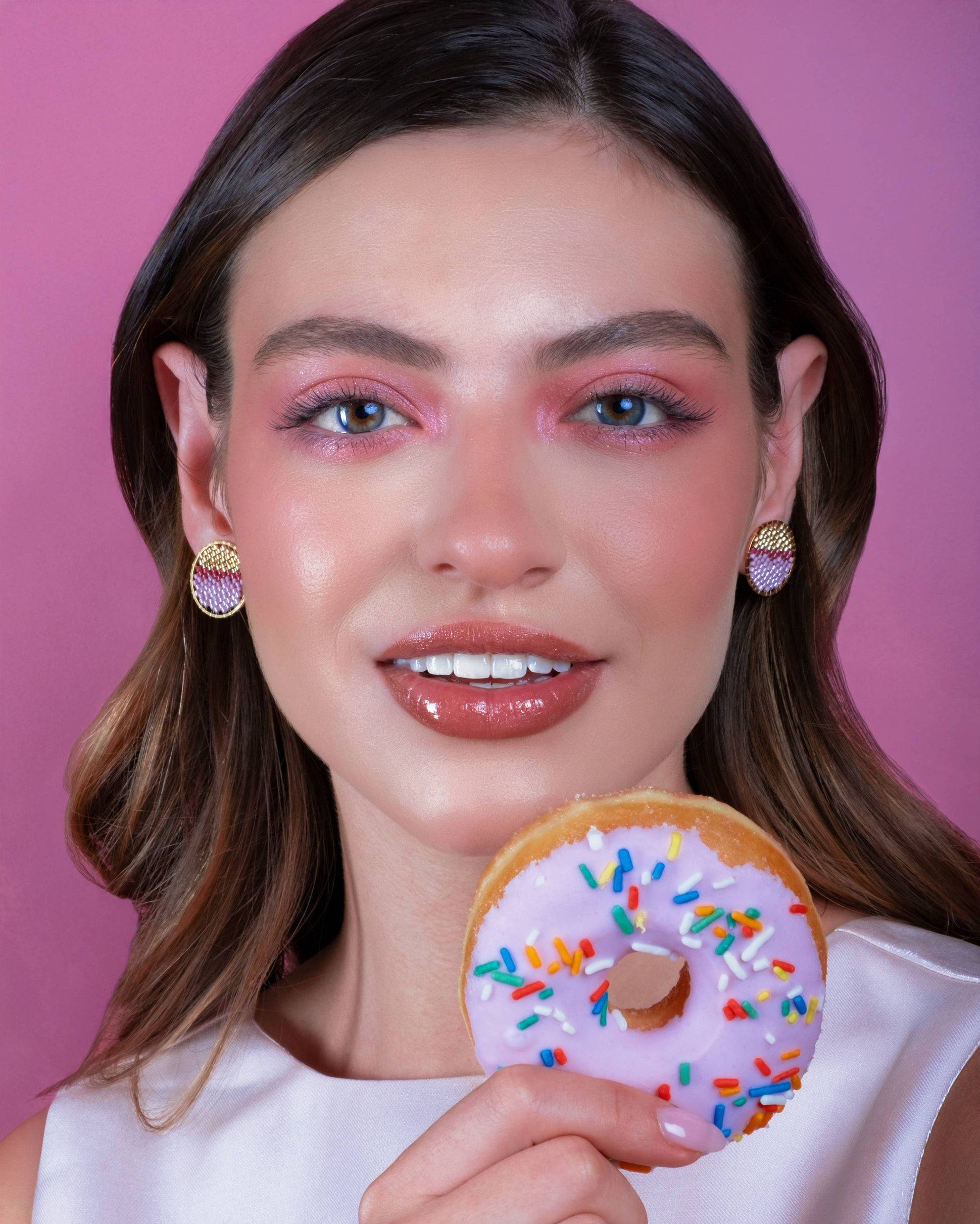 Beaded Handwoven Sweet Tart Stud Earrings (Pink)