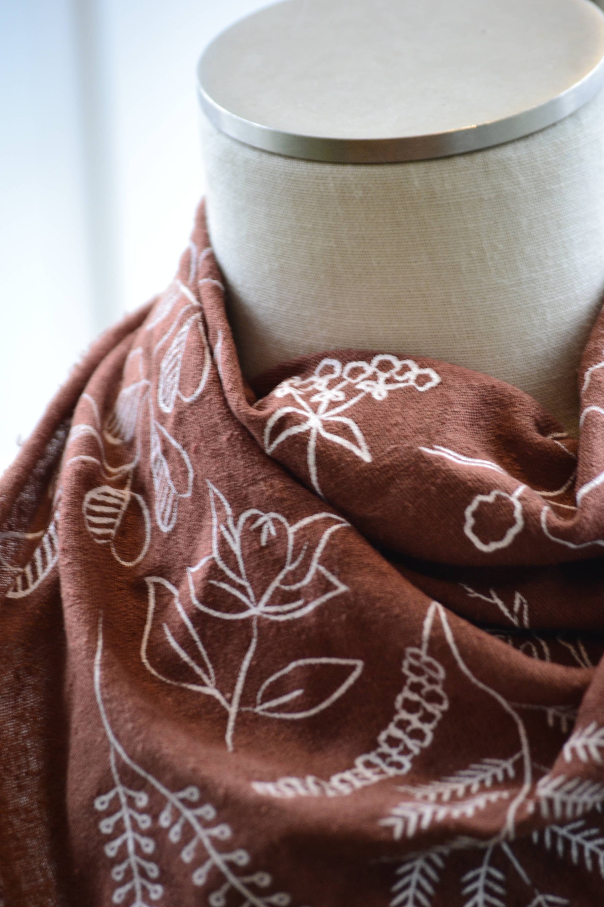 Terracotta Botanical Print Naturally Dyed Bandana (white)